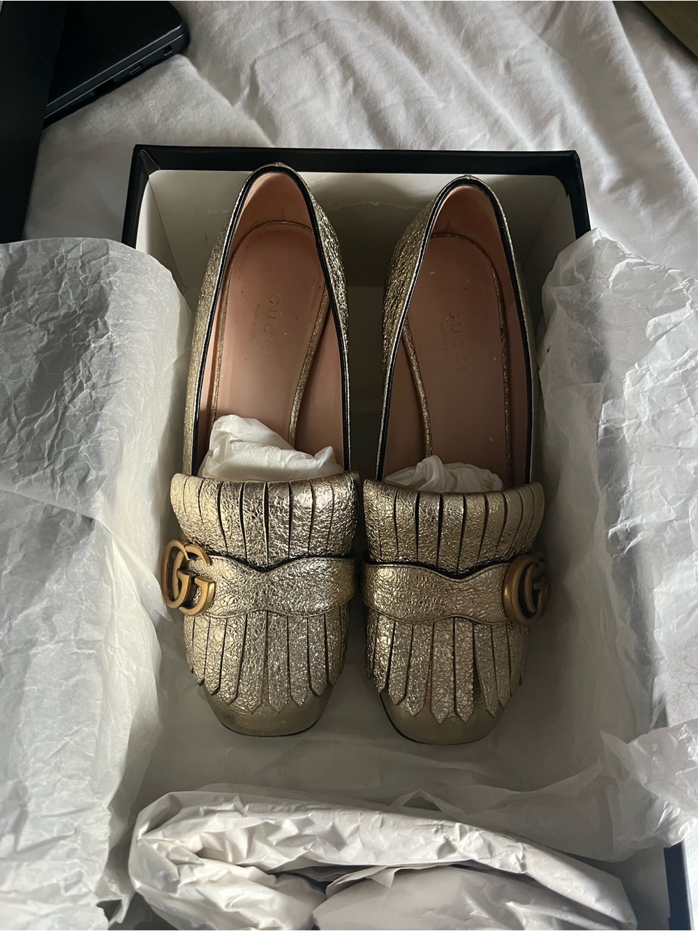 Gucci Marmont Metallic Gold Fringe Leather Heeled Loafers